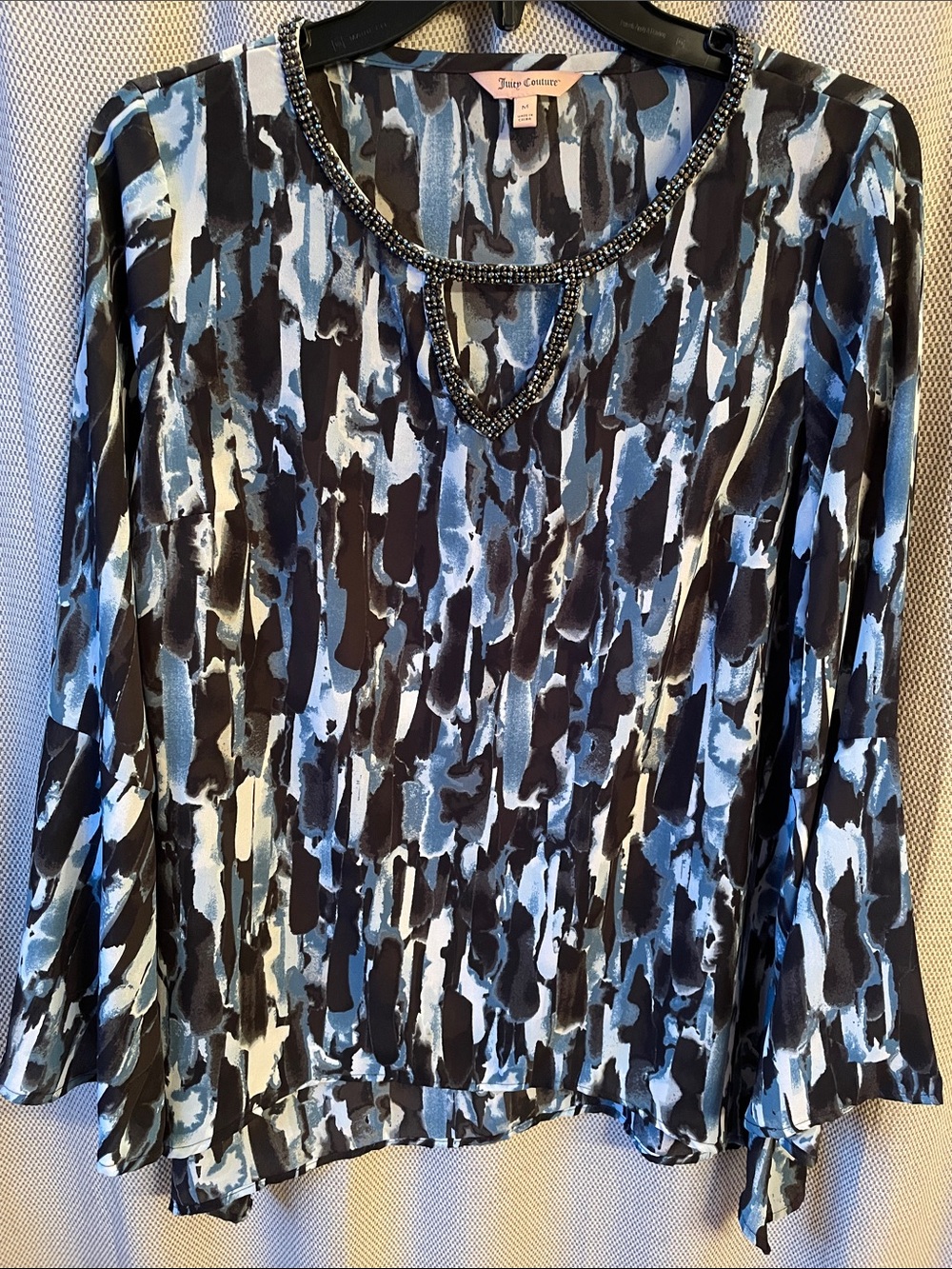 Juicy Couture Blue & Black Beaded Keyhole Long Sleeve Blouse